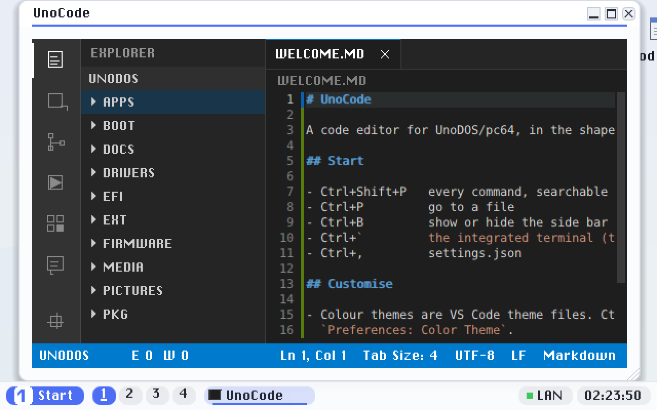 UnoCode: the workbench on first run - the activity bar down the left, the Explorer, a tabbed editor with a minimap, and a status bar showing the position, indentation, encoding, line ending and language.